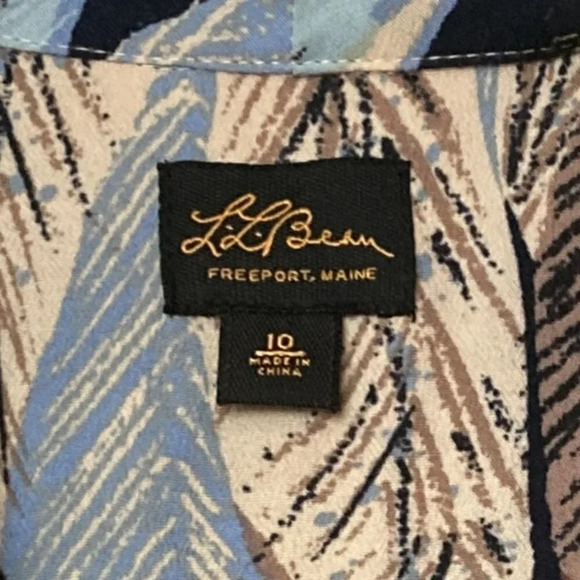 LL Bean Rayon Sleeveless Dress Abstract Leaf Pattern Fabric Tie at Neck, Size 10 - Picture 2 of 8